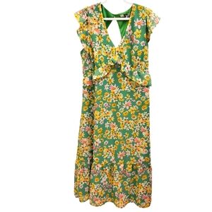 Collective Concepts Floral Maxi Dress Ruffle Sleeves Green Yellow L